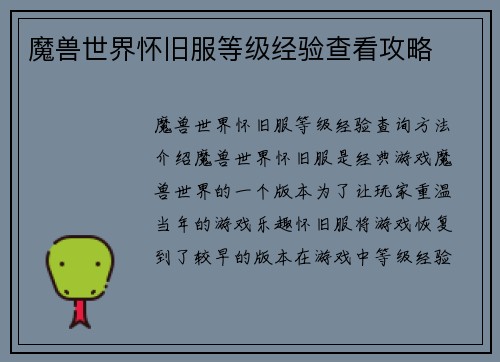 魔兽世界怀旧服等级经验查看攻略