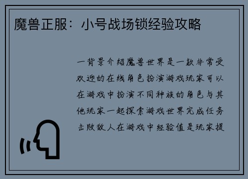 魔兽正服：小号战场锁经验攻略